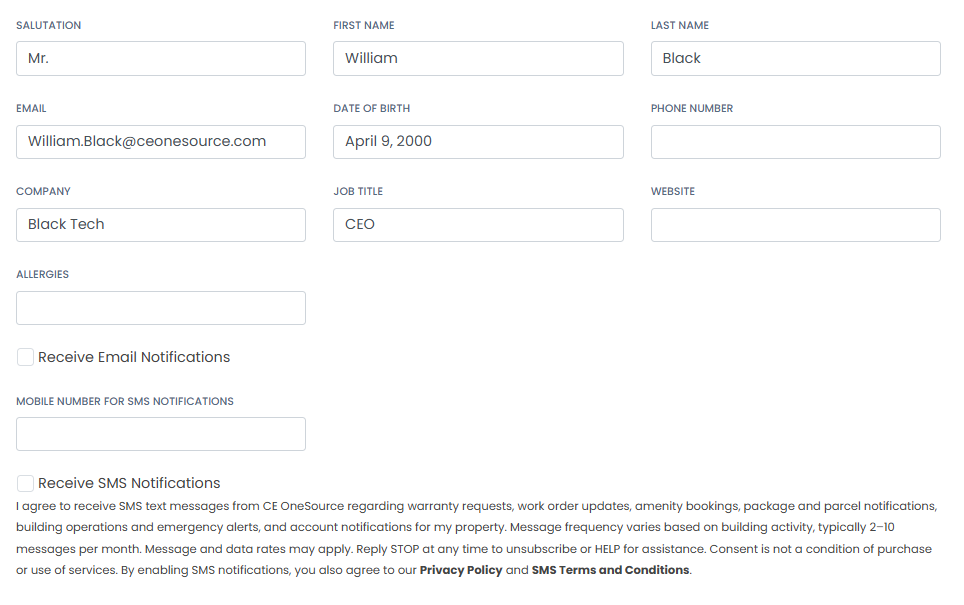 CE OneSource resident portal SMS Notifications opt-in form with mobile number field and consent checkbox.